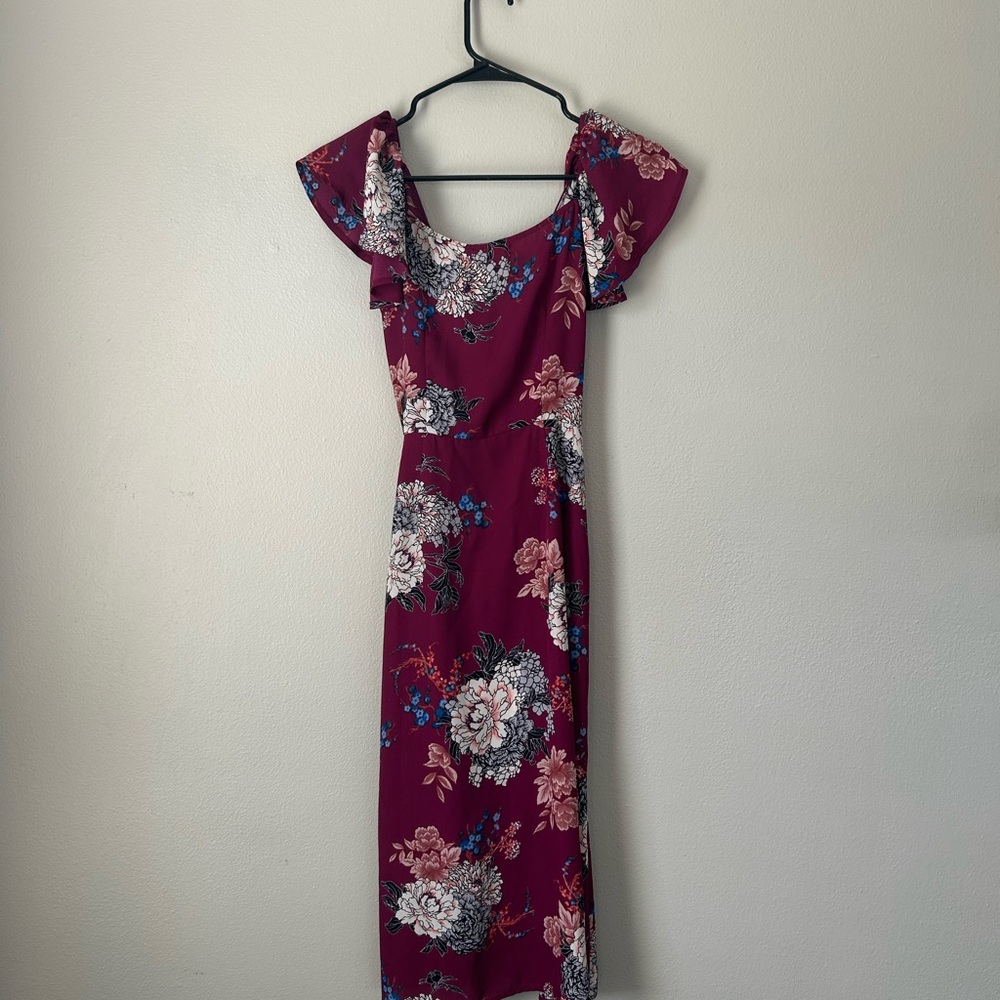Monteau Wine Floral Ruffle Wrap Midi Dress - Picture 8 of 9